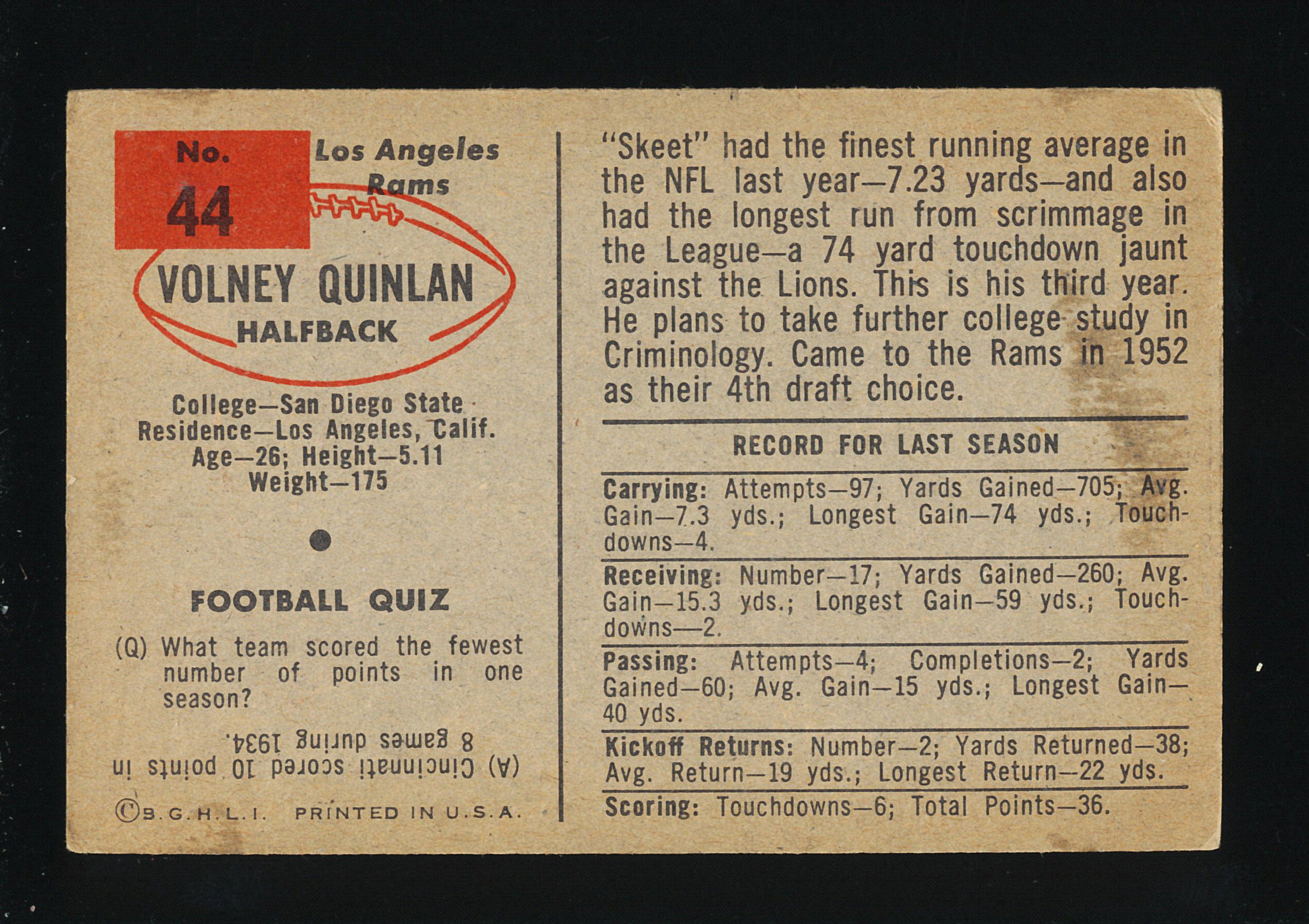 1954 Bowman Football Card #44 Volney Quinlan Los Angeles Rams