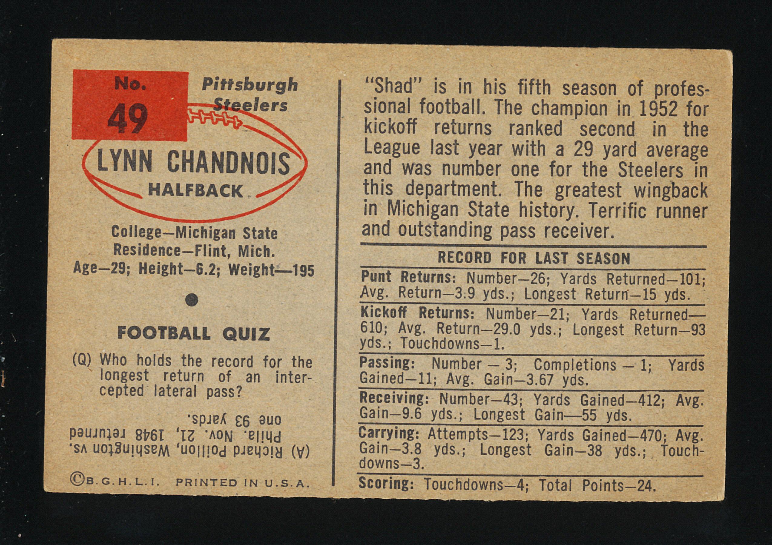 1954 Bowman Football Card #49 Lynn Chandnois Pittsburgh Steelers
