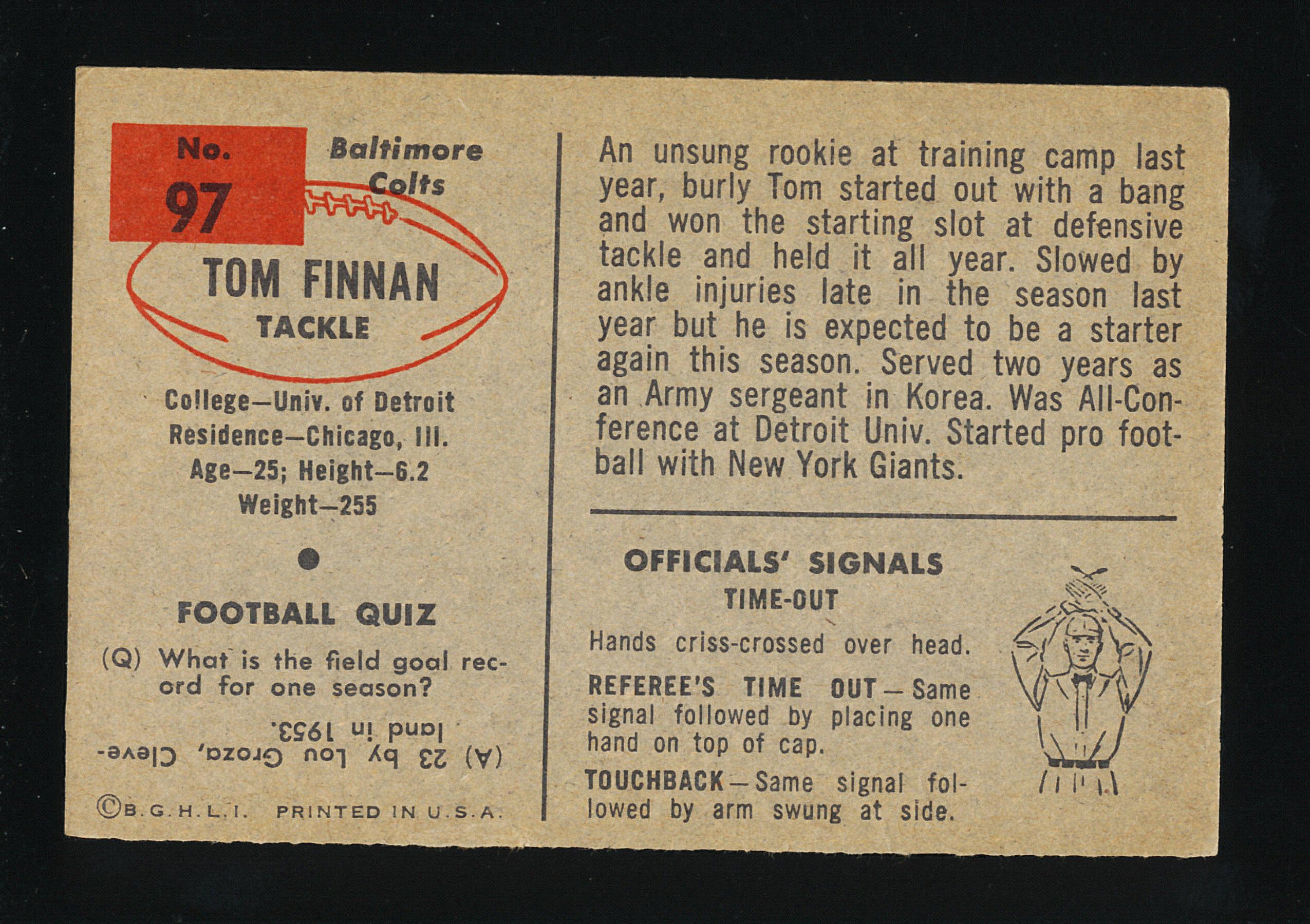 1954 Bowman Football Card #97 Tom Finnan Baltimore Colts