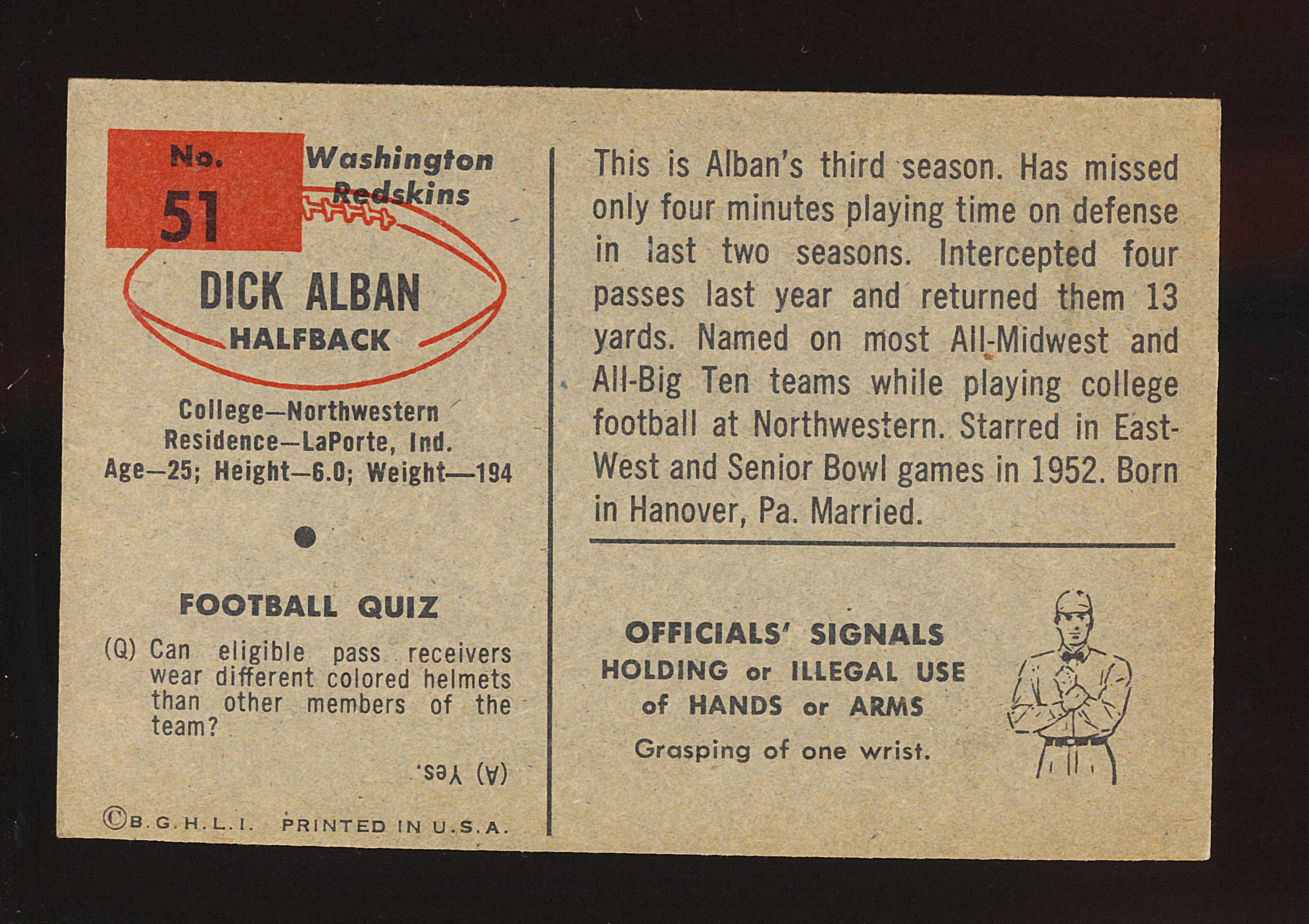 1954 Bowman Football Card #51 Dick Alban Washington Redskins