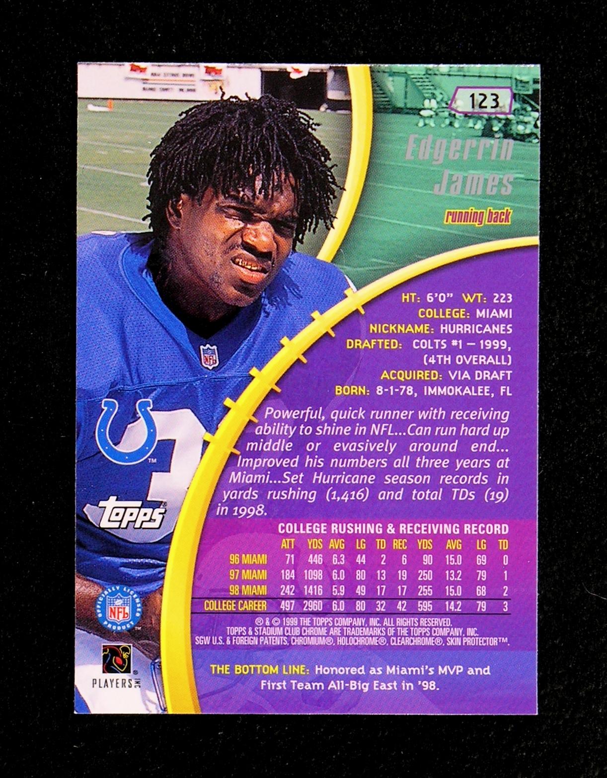 1999 Topps Stadium Chrome ROOKIE Football Card #123 Rookie Edgrrin James In