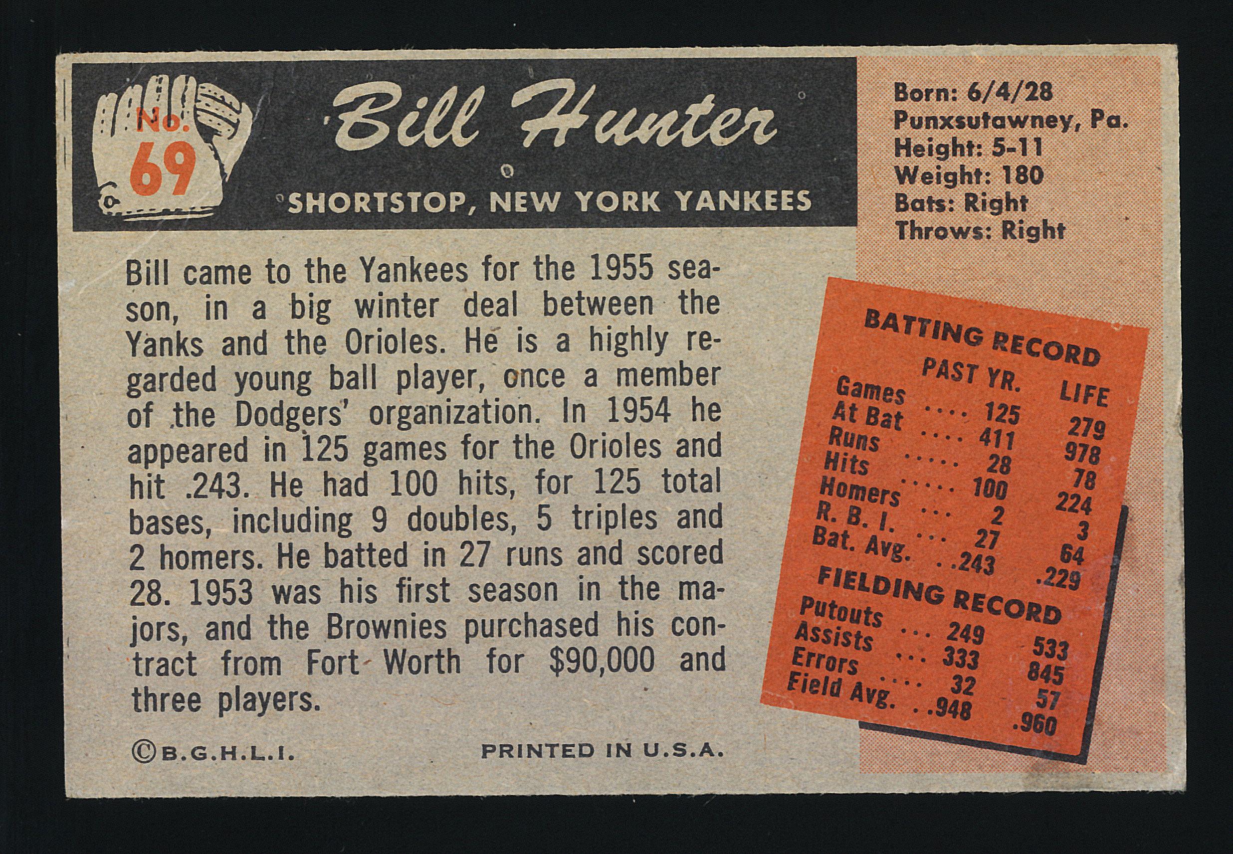 1955 Bowman Baseball Card #69 Bill Hunter New York Yankees. Small Wrinkle B