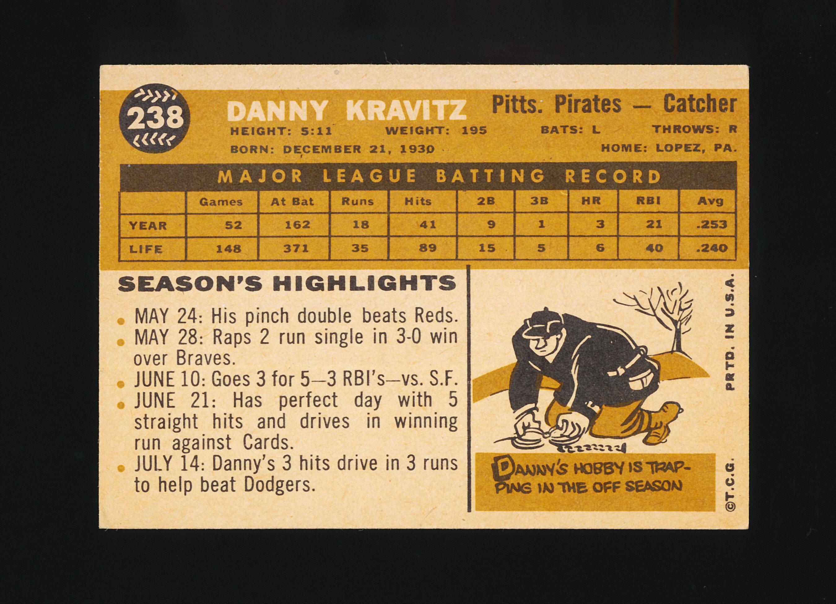 1960 Topps Baseball Card #238 Danny Kravitz Pittsburgh Pirates