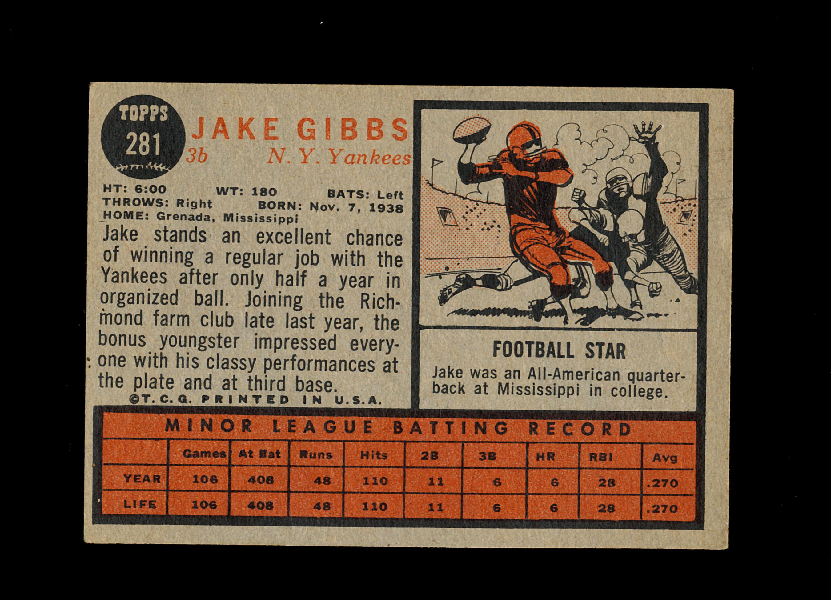 1962 Topps ROOKIE Baseball Card #281 Rookie Jake Gibbs New York Yankees Roo