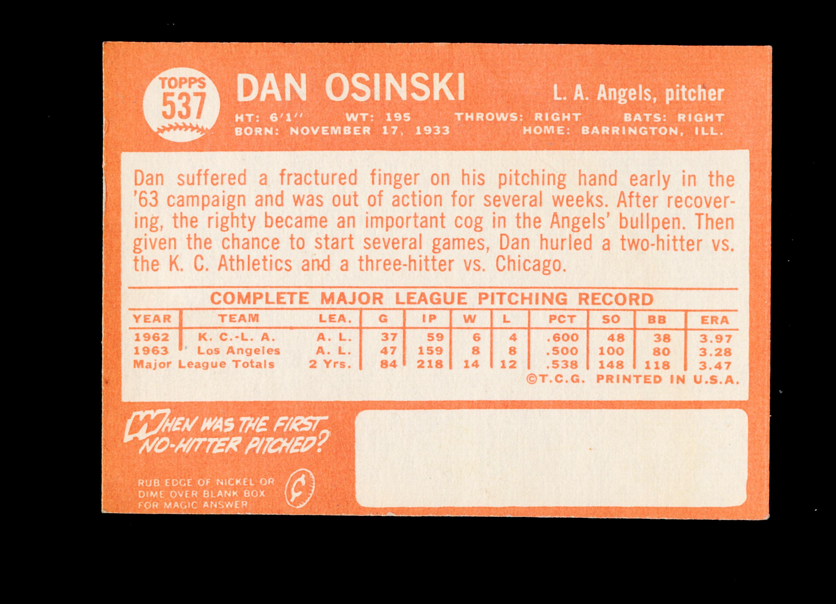 1964 Topps Baseball Card #537 Dan Osinski Los Angeles Angels