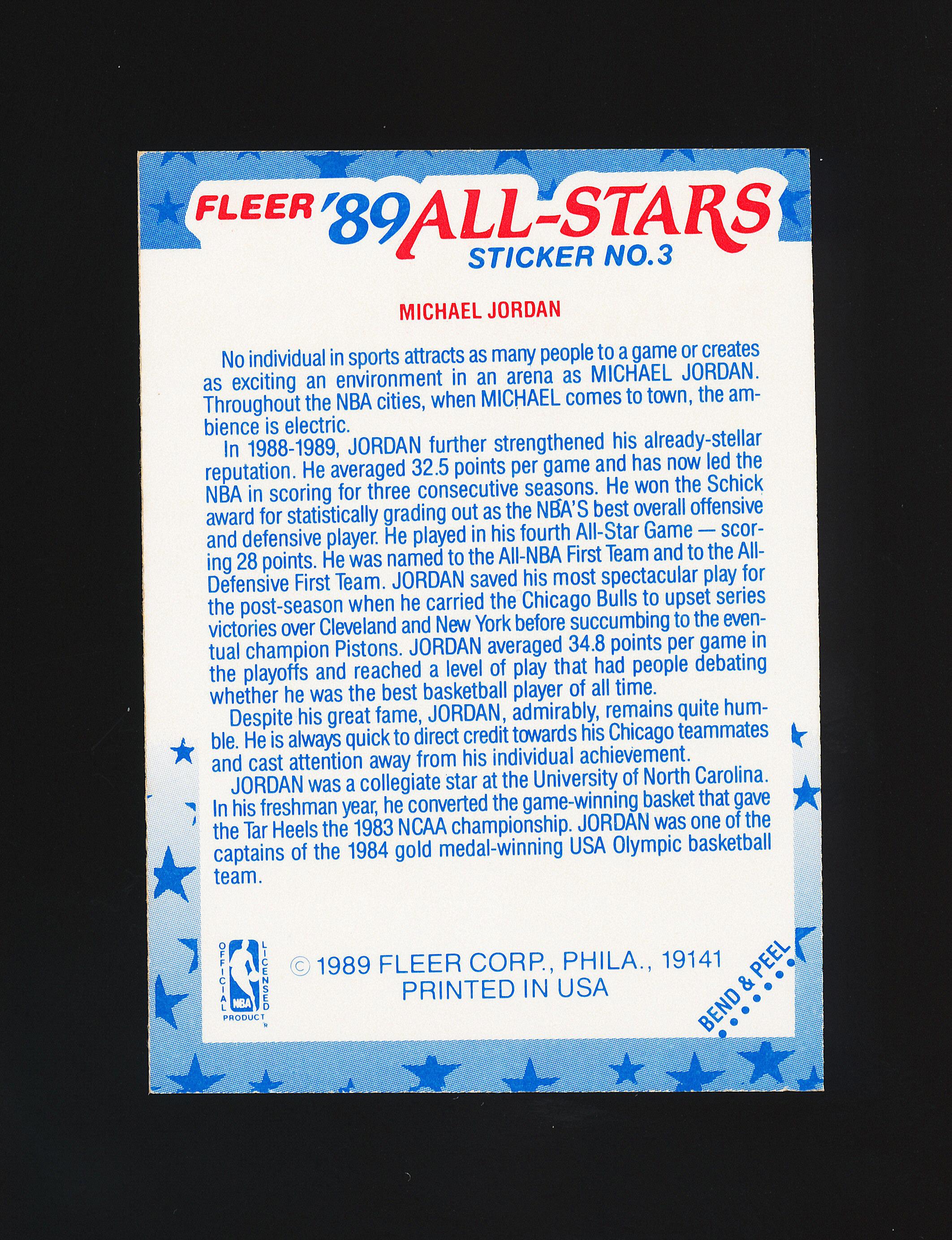 1989 Fleer All-Stars Basketball Sticker #3 Michael Jordan Chicago Bulls