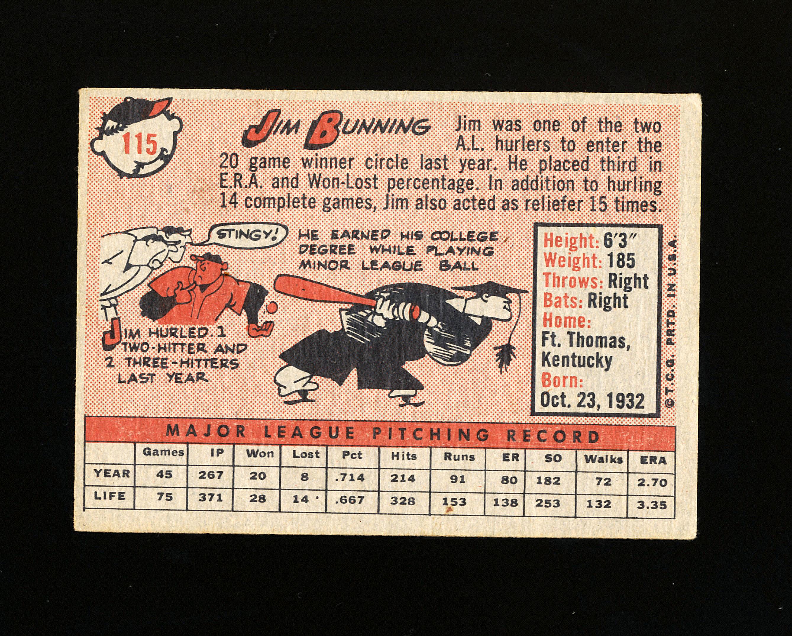 1958 Topps Baseball Card #115 Hall of Famer Jim Bunning Detroit Tigers