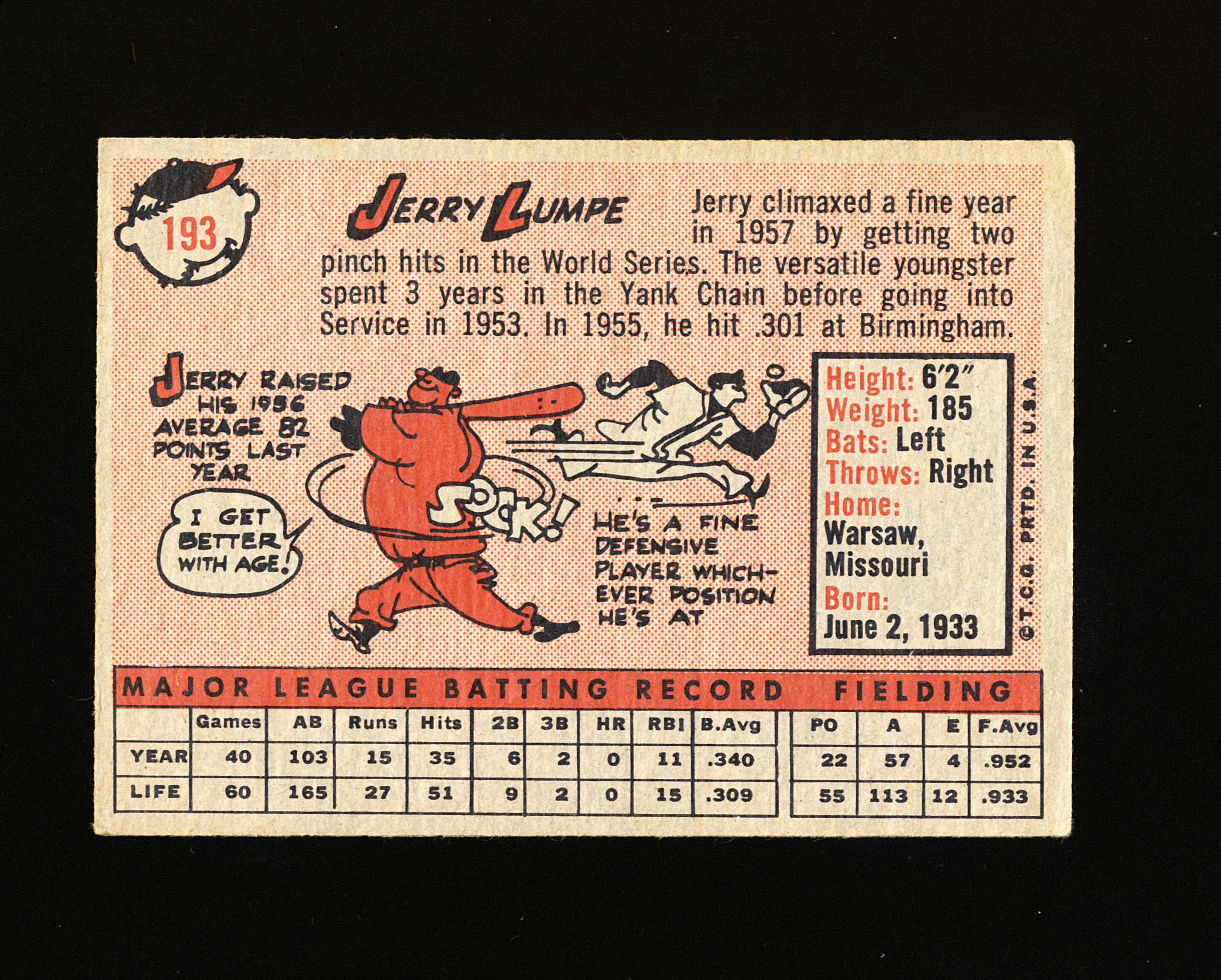 1958 Topps ROOKIE Baseball Card #193 Rookie Jerry Lumpe New York Yankees
