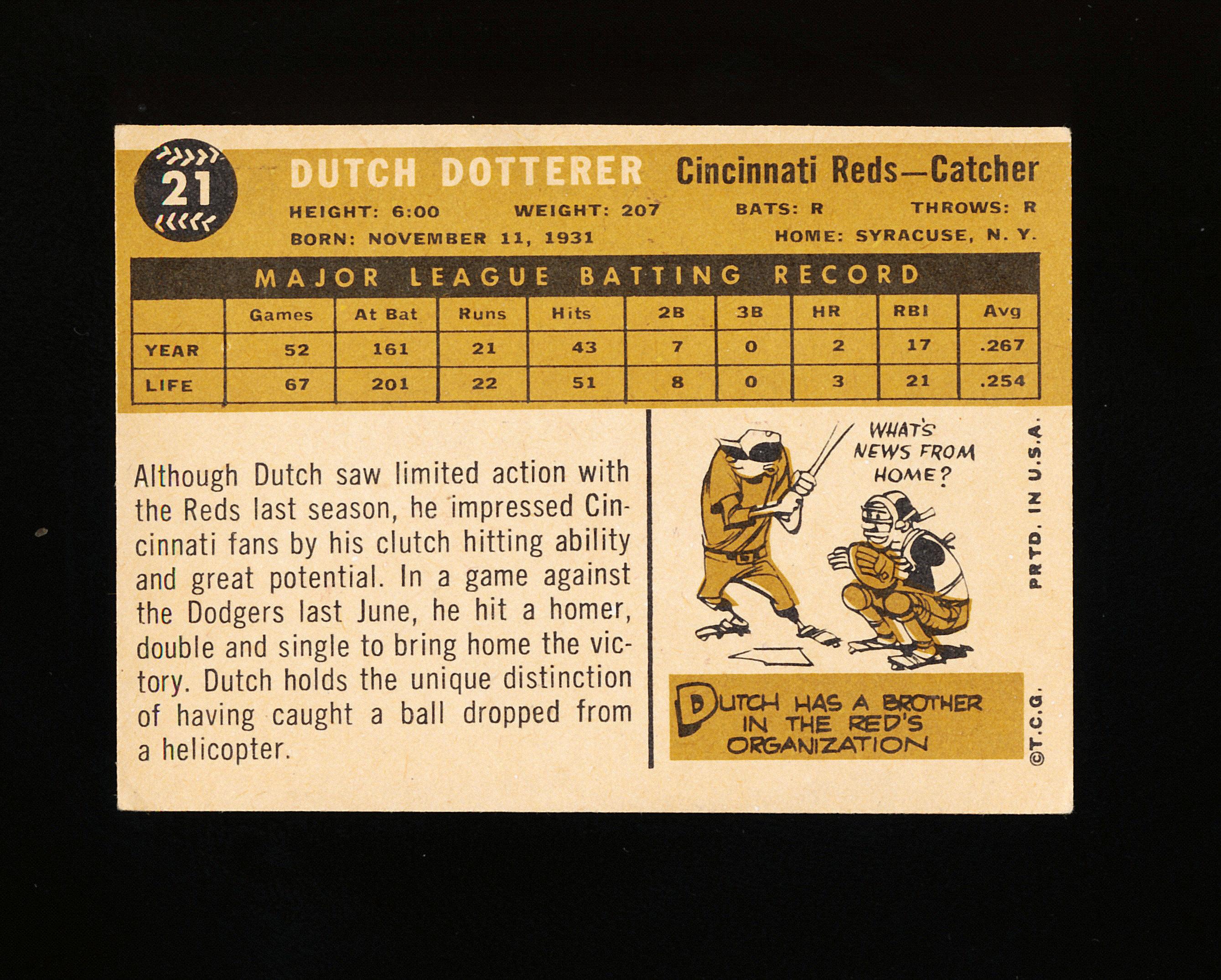 1960 Topps Baseball Card #21 Dutch Dotterer Cincinnati Reds