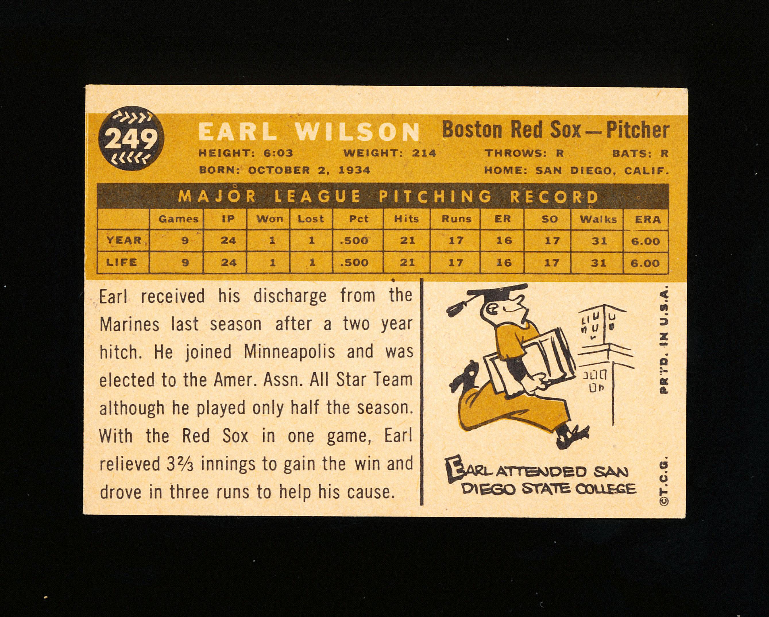 1960 Topps ROOKIE Baseball Card #249 Rookie Earl Wilson Boston Red Sox
