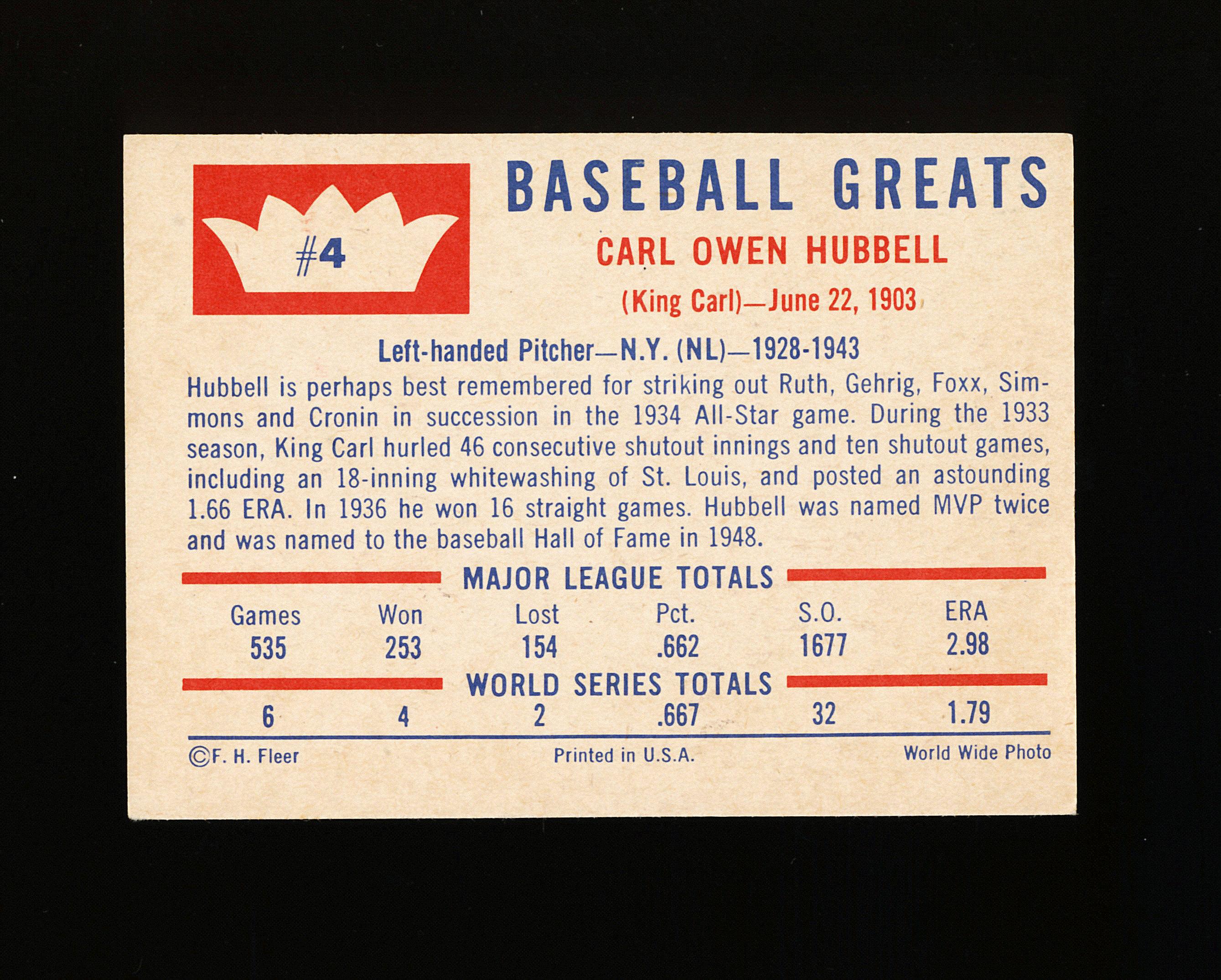 1960 Fleer Baseball Greats Baseball Card #4 Carl Hubbell