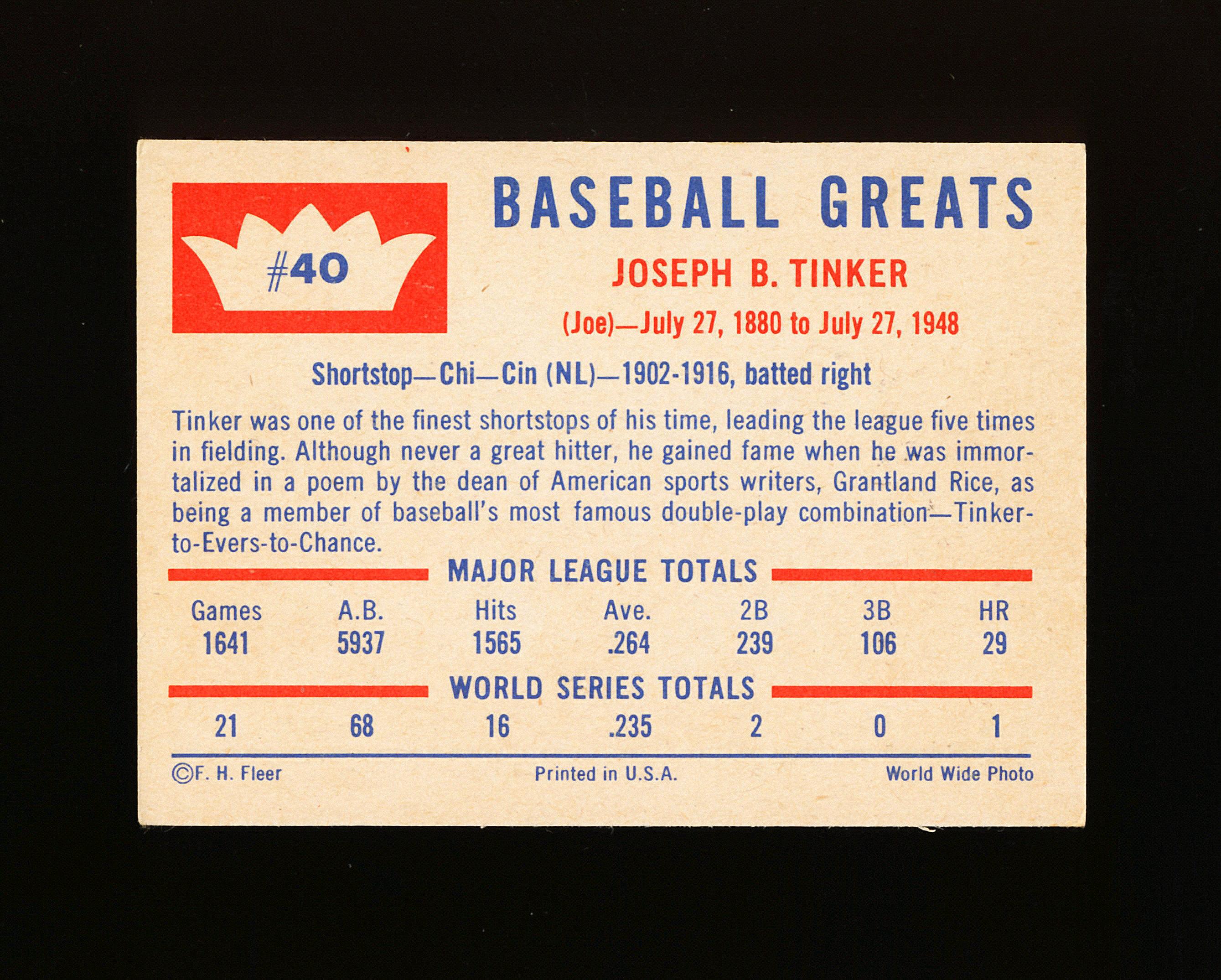 1960 Fleer Baseball Greats Baseball Card #40 Joe Tinker