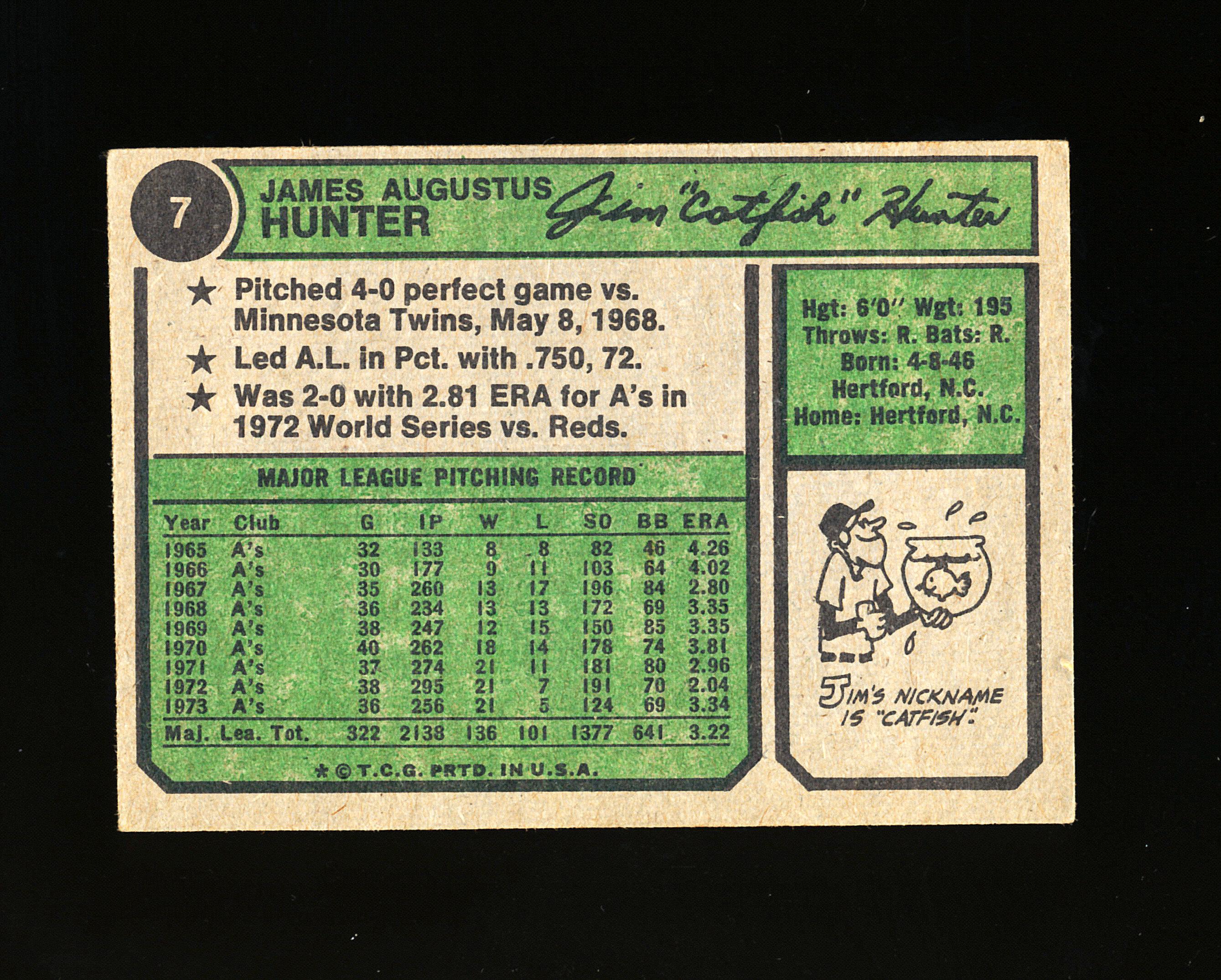 1974 Topps Baseball Card #7 Hall of Famer Jim Hunter Oakland A's
