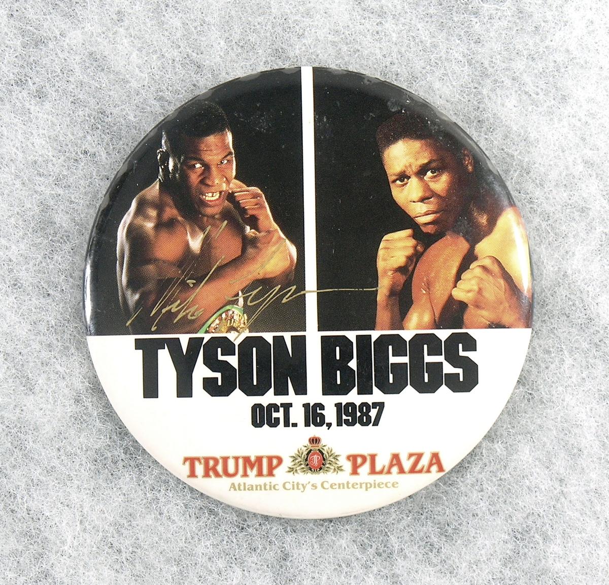 1987 AUTOGRAPHED Boxing Pin Advertising Tyson vs Biggs Boxing Match. Mike T