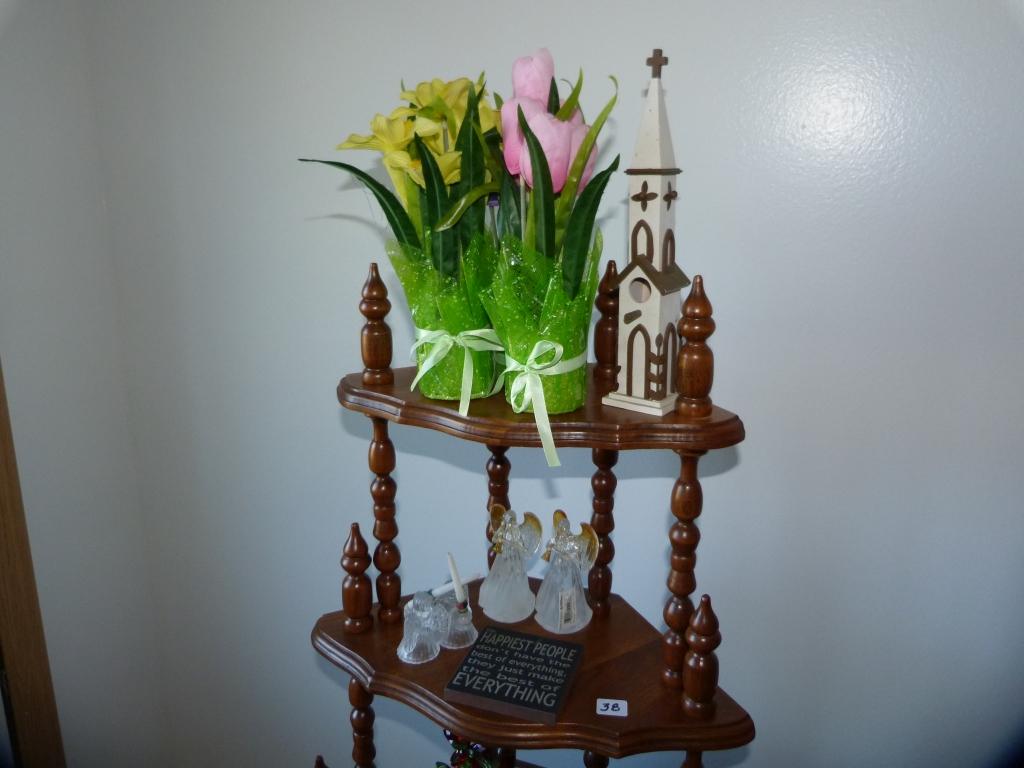 5 tiered wooden corner whatnot stand - 54" T with figurines & knick-knacks pictured