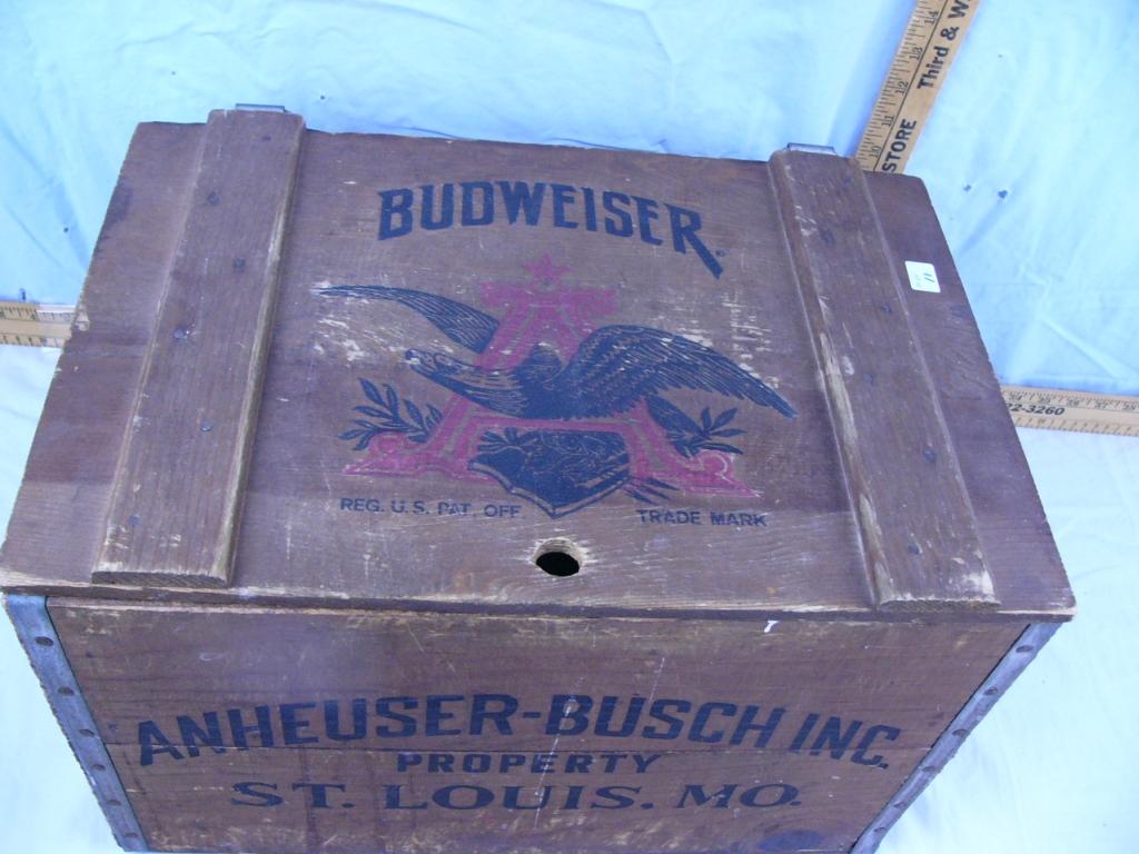Budweiser hinged lid wooden ammo box - 18" L x 11-1/2" T x 11-3/4" D
