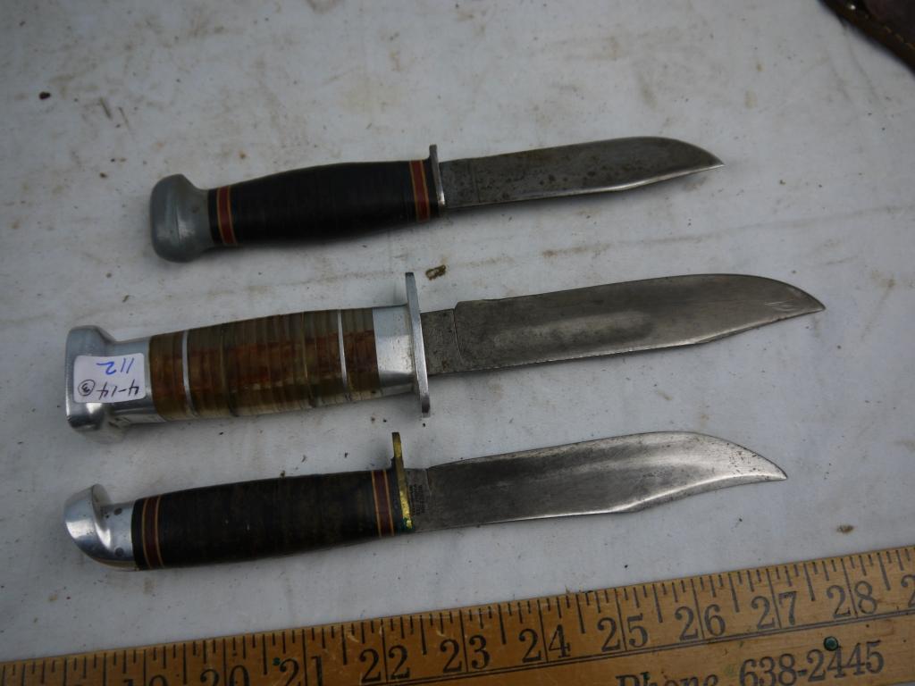 (3)  hunting knives with leather sheaths - AOM