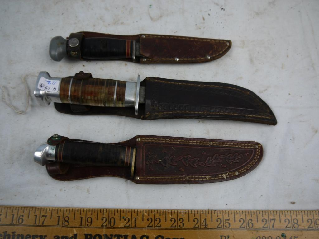 (3)  hunting knives with leather sheaths - AOM