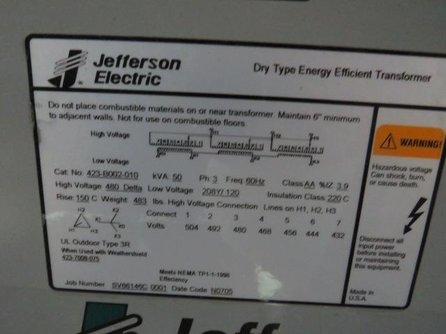 JEFFERSON ELECTRIC TRANSFORMERS HI VOLTAGE 480V LOW VOLTAGE 208Y/120