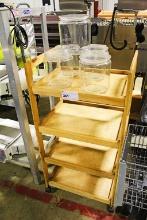 1 LOT - ROLLING 4-SHELF DISPLAY W/ (5)FLIP-TOP GLASS DISPLAY JARS
