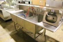 10FT STAINLESS STEEL 3-COMPARTMENT SINK W/ HAND SINK