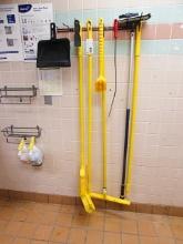 LOT OF MISC. BROOMS, SQUEEGEES, AND RACK