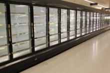 1994 HUSSMANN NRC4L GLASS DOOR FREEZER CASE (4,4,5,5,4,5,5) - SOLD BY THE DOOR -REMOTE COOLED NO  CO