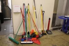 LOT OF MISC. BROOMS, DUST PANS, AND SQUEEGEES
