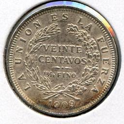 Bolivia 1909-H silver 20 centavos lustrous AU/UNC