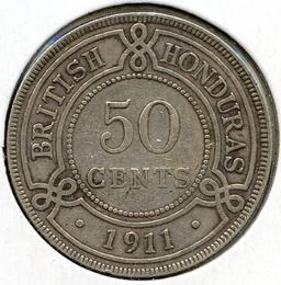 British Honduras silver 1911 50 cents F+