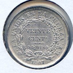 Bolivia 1887 FE silver 20 centavos XF