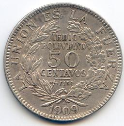 Bolivia 1909-H silver 50 centavos XF