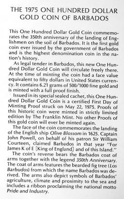 Barbados 1975 GOLD 100 dollars choice PROOF