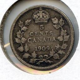 Canada 1909 silver 5 cents pointed leaves F