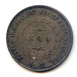 Brazil 1852 silver 500 reis toned XF
