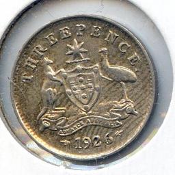 Australia 1926 silver 3 pence about XF toned