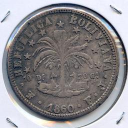 Bolivia 1860-FJ silver 8 soles XF for type