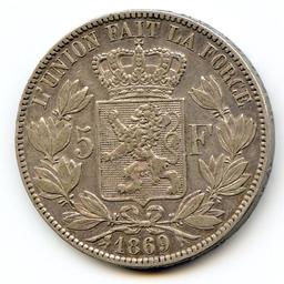 Belgium 1869 silver 5 francs XF