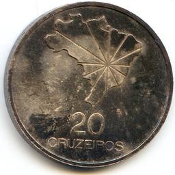 Brazil 1972 silver 20 cruzieros toned BU