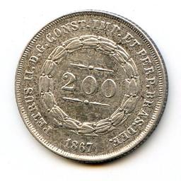 Brazil 1867 silver 200 reis toned UNC