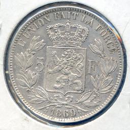 Belgium 1869 silver 5 francs XF