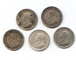 Canada 1912-20 silver 5 cents, 5 pieces about VF to XF
