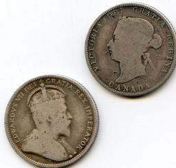 Canada 1874-1930 silver quarters, 5 pieces G to F