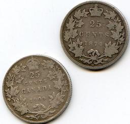 Canada 1874-1930 silver quarters, 5 pieces G to F