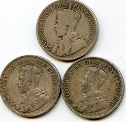 Canada 1874-1930 silver quarters, 5 pieces G to F
