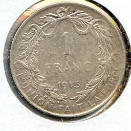 Belgium 1913 silver 1 franc French VF/XF
