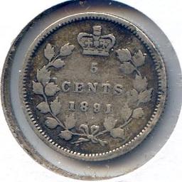 Canada 1891 silver 5 cents about F