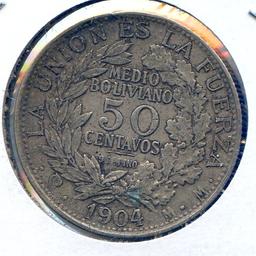 Bolivia 1904 MM silver 50 centavos VF/XF