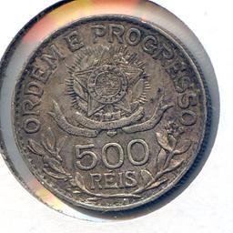Brazil 1913-A silver 500 reis AU
