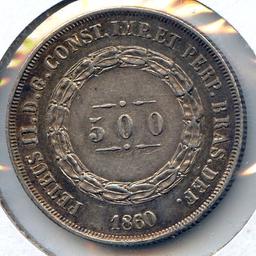 Brazil 1860 silver 500 reis AU